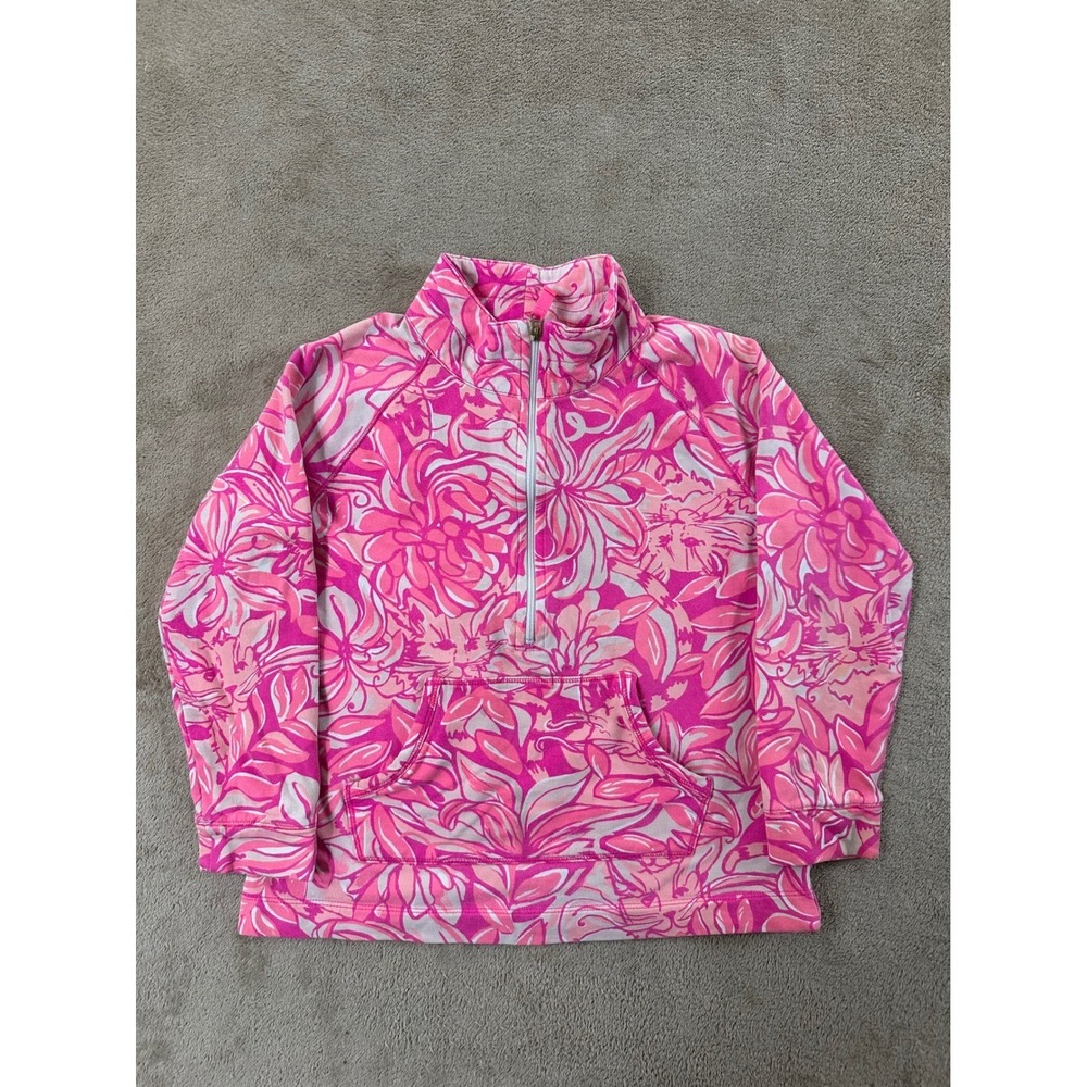 Lilly Pulitzer Girls pullover sweater L (8-10) Pink Floral Quarter Zip cotton